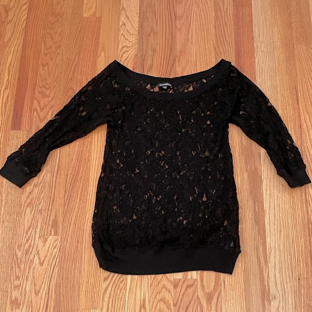 Express 3/4 Sleeve Sheer Top (Lace Detail)